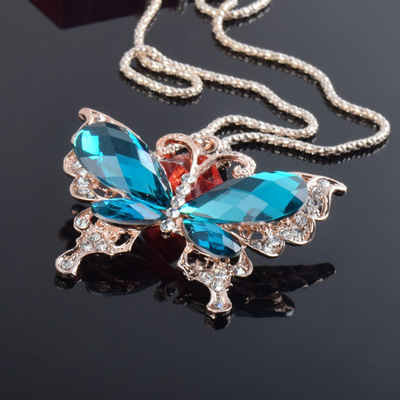 高檔毛衣鏈 電鍍藍色寶石蝴蝶，引領女士飾品批發新風尚